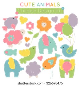 Set of colorful animals (baby birds, cute elephants, little lambs etc.) - design elements for babies (children's wear, decoration). Stylized applique with white seams. Vector illustration. 