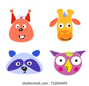 Set of colorful animals for the baby. Isolated pattern. illustration with funny giraffe,sad raccoon, frightened owl and strange squirrel.Happy friends for children s clothes. Vector stickers.