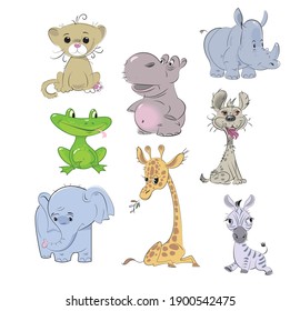 Conjunto de caracteres coloridos de animales aislados en fondo blanco.