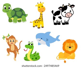 Set of colorful animals vector illustration.