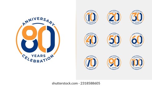 Set of colorful anniversary logo. 10, 20, 30, 40, 50, 60, 70, 80, 90, 100, birthday symbol collections. Celebration number with emblem or badge concept