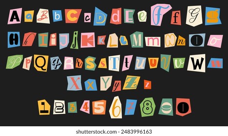 Set of colorful anonymous font. Magazine cutout alphabet. Cuts from newspaper. Letters on pieces of paper in different colors. Retro grunge criminal alphabet set. For anonymous message