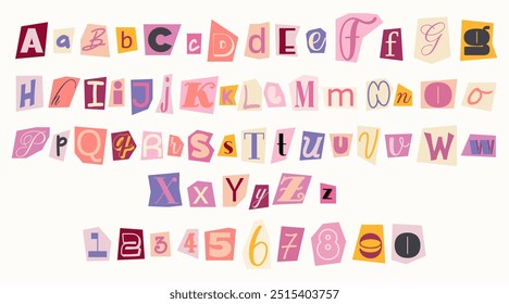 Set of colorful anonymous font. Magazine cutout alphabet. Cuts from newspaper. Letters on pieces of paper in different colors. Retro grunge criminal alphabet set. For anonymous message