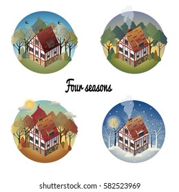 Set of colorful antique European home. Spring, summer, winter, autumn.