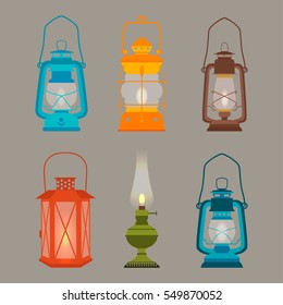 Set of colorful antique oil lanterns. Vector illustration.