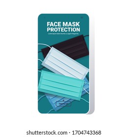 set colorful antiviral medical respiratory face masks protection against coronavirus covid-19 prevention health care concept smartphone screen mobile app copy space vector illustration