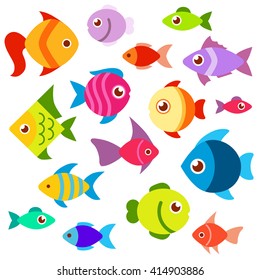 Un conjunto de peces acuarios coloridos. Ilustración vectorial de estilo plano del pescado. Iconos de peces aislados en fondo blanco 