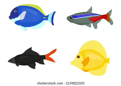 Colorido conjunto de peces acuarios. Ilustración vectorial colorida, estilo de dibujos animados. Diseño plano. Elementos de la fauna y flora marinas