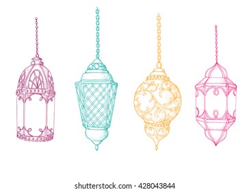 Set of colorful arabic lanterns. Ramadan Kareem. Islamic colorful holiday vector background. Hand drawn isolated sketch elements.