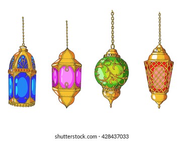 Set of colorful arabic lanterns. Ramadan Kareem. Islamic colorful holiday vector background. Hand drawn sketch isolated elements. 