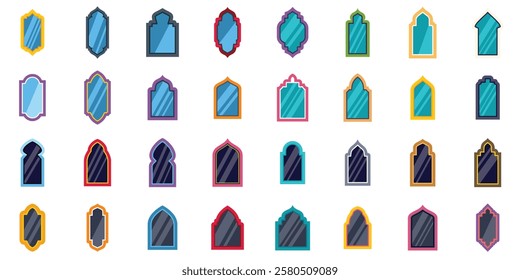 Set of colorful arabic windows and mirrors with traditional islamic decorative arch shapes