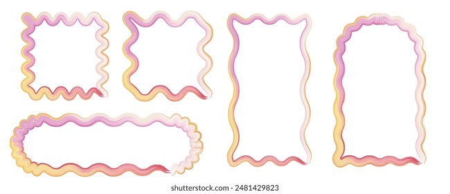 Set of colorful arch frames with wavy edges. Picture or photo frames, empty text boxes, tags, labels isolated on white background. Vector illustration