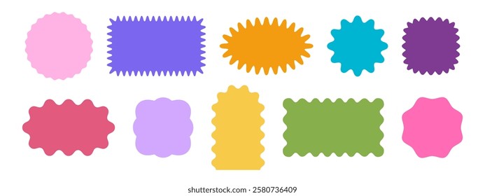 Set of colorful arch, rectangle and square, oval and circle shapes with wavy edges. Simple cute geometric forms with scalloped borders. Empty boxes, tags or labels. Vector flat illustration.