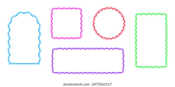 Set of colorful arch, square, circle and rectangle frames with wavy edges. Geometric shapes with wavy borders in blurry neon aura effect isolated on white background. Vector illustration.