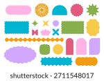 Set of colorful arch and sun, rectangle and square, oval and circle shapes with wavy edges. Cute geometric forms with scalloped borders. Empty boxes, tags or labels. Vector flat illustration.