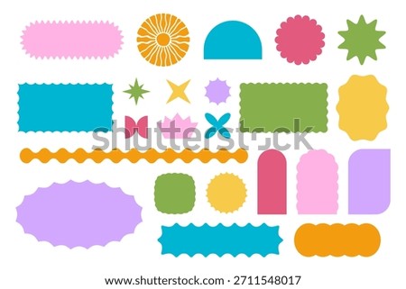 Set of colorful arch and sun, rectangle and square, oval and circle shapes with wavy edges. Cute geometric forms with scalloped borders. Empty boxes, tags or labels. Vector flat illustration.