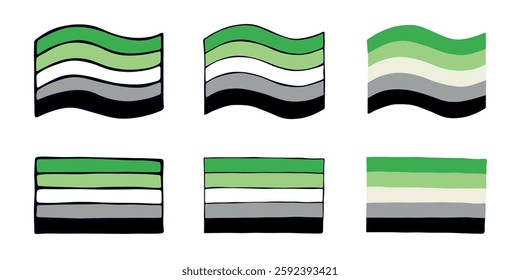 Set of colorful Aromantic pride flag Happy pride day LGBTQIA community Pride Month Vector hand drawn doodle for posters, stickers, logo, cards