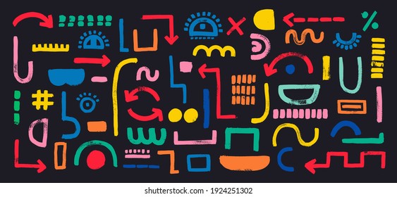 Set of colorful arrows, abstract shapes, textures, geometric elements. Face constructor elements, eyes, mouth,nose, ear.  Modern art character. Brush stroke. Grunge texture.