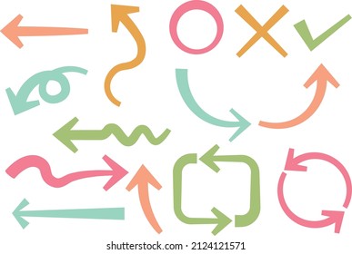 A set of colorful arrows, circle, cross, and check point