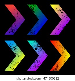 Set of colorful arrows with clipped spots on black background vector illustration