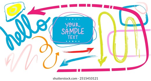 Set of colorful arrows and frames. Hand drawn symbols for hand drawn diagrams. Creative style for trendy design. Hand drawn unique print. Not AI. EPS 10. Vector doodle marker drawing. Freehand arrows.