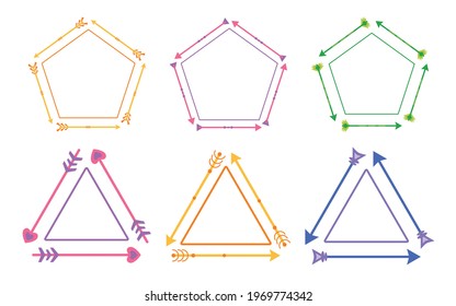 Set colorful arrows frames. Tribal native. Arrow bow in different variations triangle, pentagon. Colored vector linear shapes. Decorative elements for room, menu.
