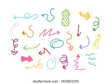 Set of colorful arrows icons on white background. Scrapbook collection. Different arrows icons. Vector illustration.