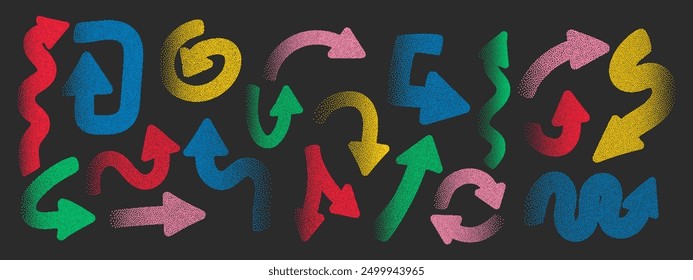 Conjunto de flechas de colores con efecto de fotocopia. Efecto de grano de arena. Textura granulada de Vector