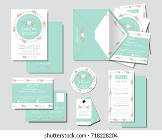 Set of colorful arrows wreath wedding invitation card.Mint tone. RSVP Card. Thank you card.menu. Envelope.Sticker.Tags. Front and Back template.For Newlywed.Vector/Illustration