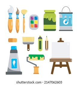 Set of colorful artist tools in cartoon style. Vector illustration of drawing and painting tools brushes, paints, roller, easel, pencils, eraser, pen, watercolor in a tube on white background.