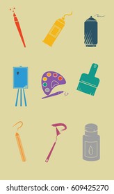 Set of colorful artistic icons isolated on yellow background. Vector Illustration