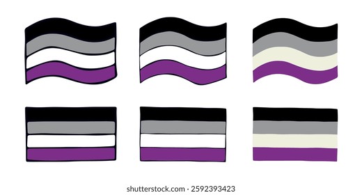 Set of colorful Asexual pride flag Happy pride day LGBTQIA community Pride Month Vector hand drawn doodle for posters, stickers, logo, cards