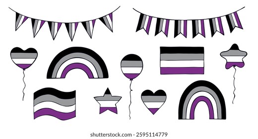 Set of colorful Asexual pride flag Happy pride day LGBTQIA community Pride Month Vector hand drawn doodle for posters, stickers, logo, cards