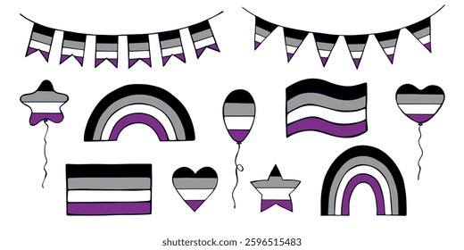 Set of colorful Asexual pride flag Happy pride day LGBTQIA community Pride Month Vector hand drawn doodle for posters, stickers, logo, cards