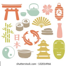 set of colorful asian icons