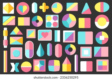 A set of colorful assorted abstract geometric shapes. All shapes are isolated on a dark background. Vector