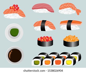 Set of colorful assorted sushi,  salmon, shrimp, crab meat and tuna with sauce and wasabi. Isolated on light blue background. Vector Illustration.