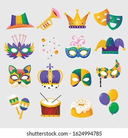 Set of colorful attributes for celebrating Mardi Gras - traditional spring holiday and carnival parade in New Orleans. Isolated vector elements 