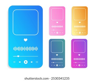 Conjunto de modelos coloridos da interface do reprodutor de áudio com moldura da capa do álbum, botões, barra de carga do progresso e onda do equalizador. Widgets do menu reproduzir isolados em fundo branco. Ilustração vetorial.