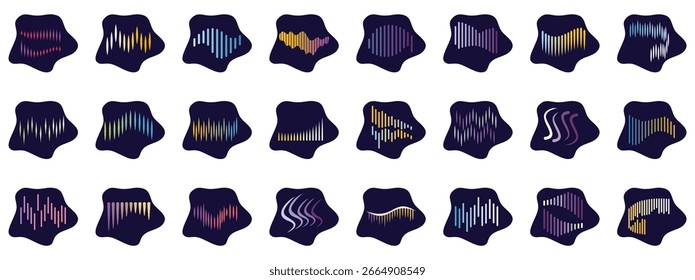 Conjunto de ondas de áudio coloridas vibrando em fundos escuros, representando frequências de som e padrões musicais