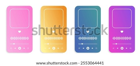 Set of colorful audioplayer interface templates with album cover frame, buttons, progress loading bar and equalizer wave. MP3 player menu widgets isolated on white background. Vector illustration.