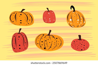 A set of colorful autumn elements. Pumpkins of different shapes, hand drawn on striped yellow background. Vector. Vibrant red and orange colors.