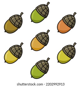 Set of colorful autumn icons, ripe acorns from the oak tree, vector illustration in cartoon style on a white background