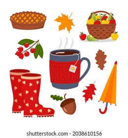 Set of colorful autumn illustrations, fall collection, isolated flat vector illustrations on white background