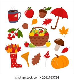 Set of colorful autumn illustrations, fall collection, isolated flat vector illustrations on white background