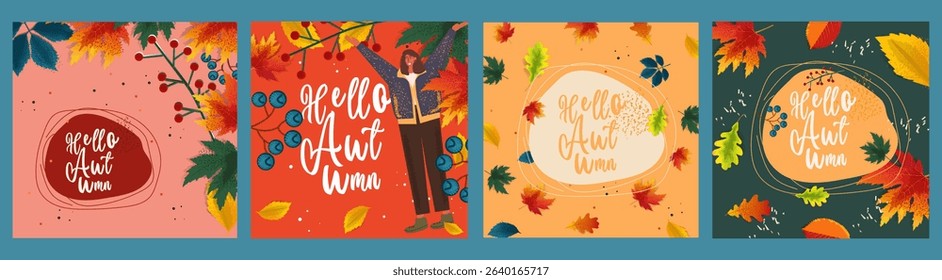 Set of colorful autumn illustrations with Hello Autumn text, falling leaves, berries, and warm seasonal colors. Flat vector style with decorative elements and character enjoying fall season. Perfect