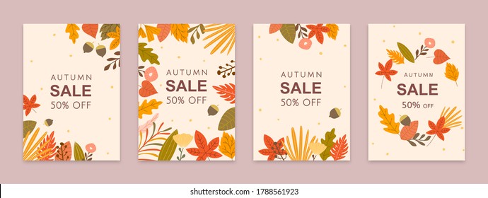 Set of colorful autumn leaves and acorns brochures design, Fall season sale template