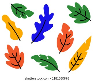 Set of colorful autumn leaves and berries. Isolated on white background. Simple cartoon flat style. vector illustration.