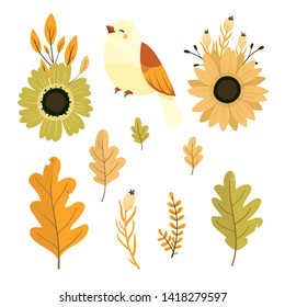 Set of colorful autumn leaves and berries. Fall season. Forest. Simple cartoon flat style. Vector illustration