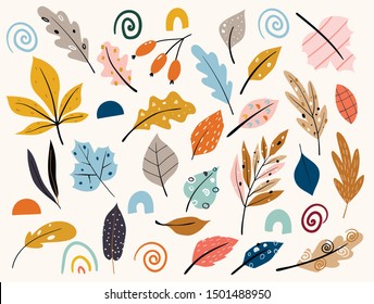 Set of colorful autumn leaves and berries. Isolated on white background. Yellow autumnal garden leaf, red fall leaf and fallen dry leaves. Botanical forest plants or september october tree foliage.